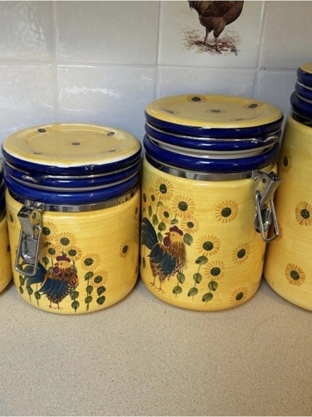 Yellow Rooster Ceramic Canister with Blue Lid - Kitchen Storage